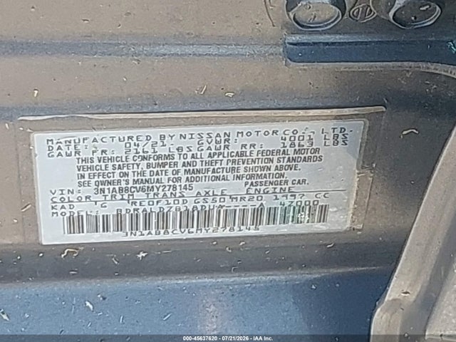 Продаж на аукціоні авто 2021 Nissan Sentra Sv Xtronic Cvt, vin: 3N1AB8CV6MY278145, номер лоту: 45637620