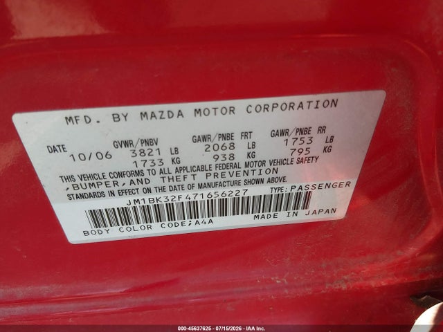 Auction sale of the 2007 Mazda Mazda3 I, vin: JM1BK32F471656227, lot number: 45637625