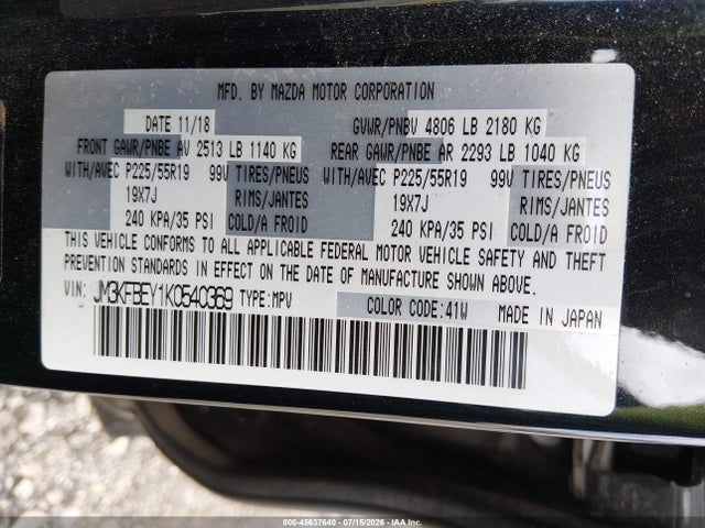 45637640 :رقم المزاد ، JM3KFBEY1K0540369 vin ، 2019 Mazda Cx-5 Signature مزاد بيع