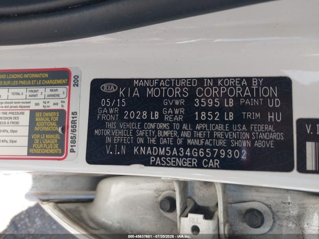 Aukcja sprzedaży 2016 Kia Rio Lx, vin: KNADM5A34G6579302, numer aukcji: 45637681