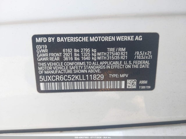 45637693 :رقم المزاد ، 5UXCR6C52KLL11829 vin ، 2019 Bmw X5 Xdrive40i مزاد بيع