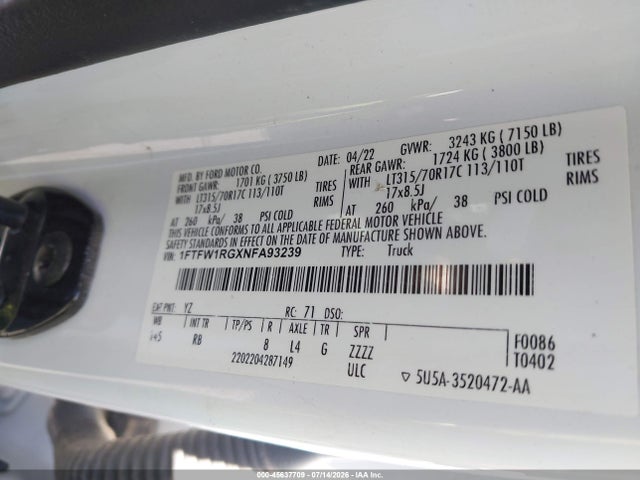 Ford F-150 Raptor 2022 1FTFW1RGXNFA93239 Image 9