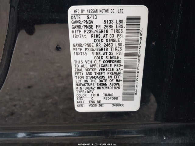 JN8AZ1MU7EW401826 Nissan MURANO SL