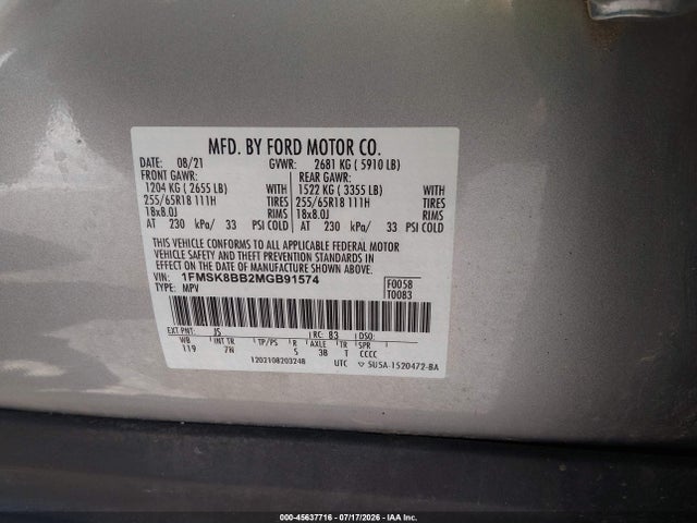 Ford Explorer 2021 1FMSK8BB2MGB91574 Image 9