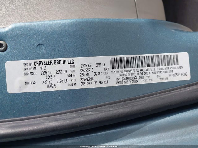 2010 Chrysler Town & Country Touring მანქანა იყიდება აუქციონზე, vin: 2A4RR5D1XAR414790, აუქციონის ნომერი: 45637725