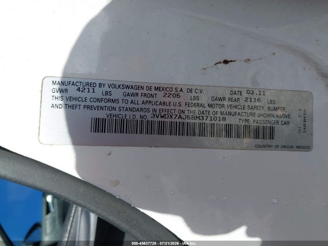 Продажа на аукционе авто 2011 Volkswagen Jetta 2.5l Se, vin: 3VWDX7AJ5BM371018, номер лота: 45637728