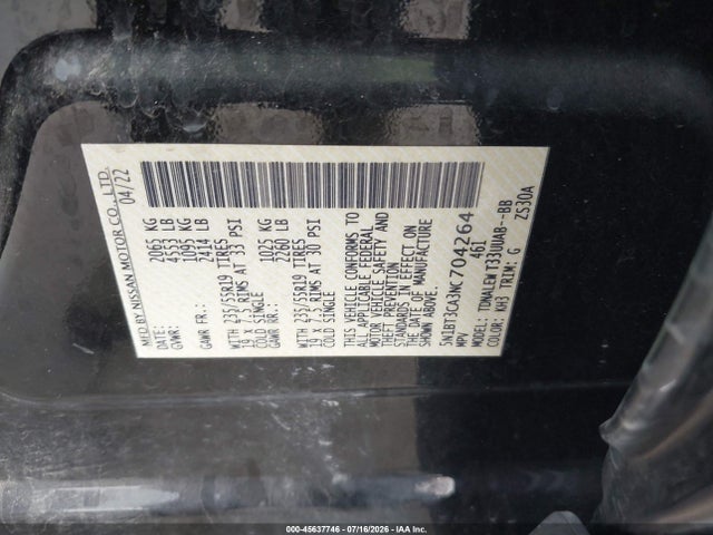 45637746 :رقم المزاد ، 5N1BT3CA3NC704264 vin ، 2022 Nissan Rogue Sl Fwd مزاد بيع