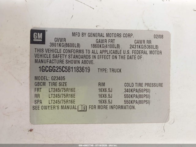 2008 Chevrolet Express Work Van მანქანა იყიდება აუქციონზე, vin: 1GCGG25C581183619, აუქციონის ნომერი: 45637749