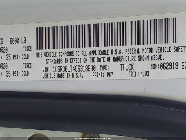 45637759 :رقم المزاد ، 1C6RD6LT4CS318630 vin ، 2012 Ram 1500 Big Horn مزاد بيع