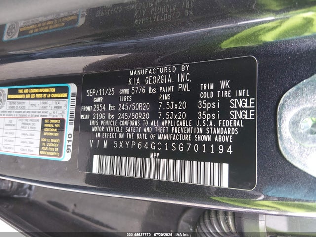 45637770 :رقم المزاد ، 5XYP64GC1SG701194 vin ، 2025 Kia Telluride S مزاد بيع