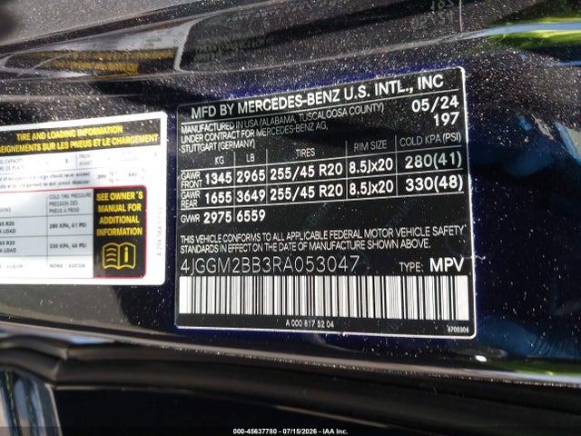 2024 Mercedes-benz Eqe 350+ Suv მანქანა იყიდება აუქციონზე, vin: 4JGGM2BB3RA053047, აუქციონის ნომერი: 45637780