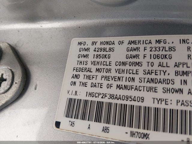 Aukcja sprzedaży 2010 Honda Accord 2.4 Lx, vin: 1HGCP2F38AA095409, numer aukcji: 45637791