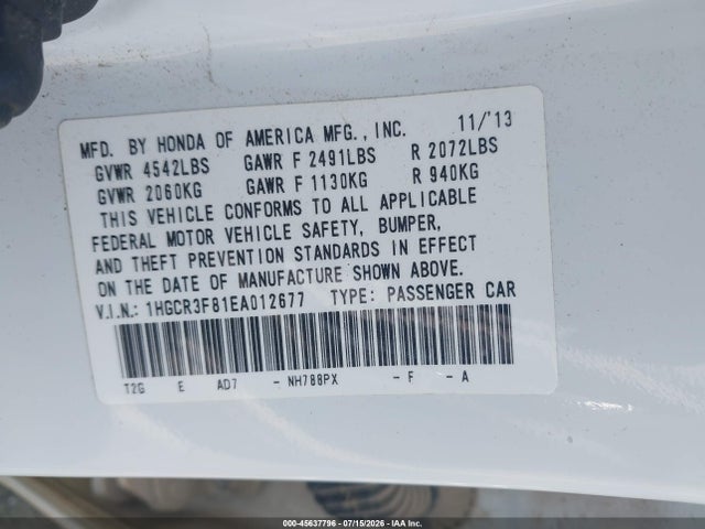 45637796 :رقم المزاد ، 1HGCR3F81EA012677 vin ، 2014 Honda Accord Ex-l V-6 مزاد بيع