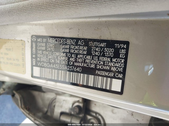 Aukcja sprzedaży 1995 Mercedes-benz S 420, vin: WDBGA43E5SA237640, numer aukcji: 45637800
