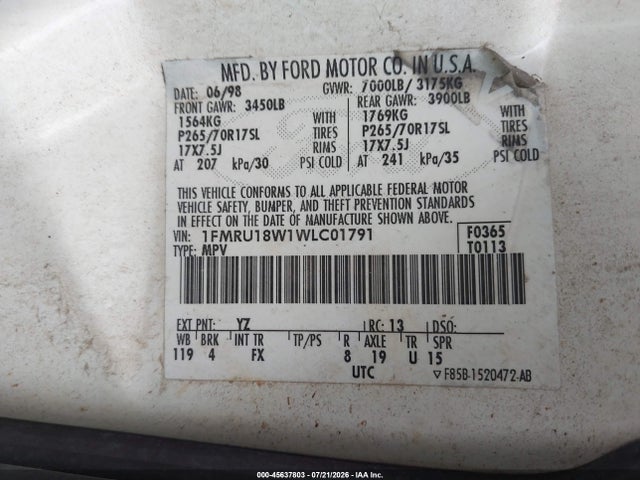 Aukcja sprzedaży 1998 Ford Expedition Eddie Bauer/xlt, vin: 1FMRU18W1WLC01791, numer aukcji: 45637803