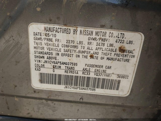 2010 Infiniti G37 Journey მანქანა იყიდება აუქციონზე, vin: JN1CV6AP5AM407595, აუქციონის ნომერი: 45637827