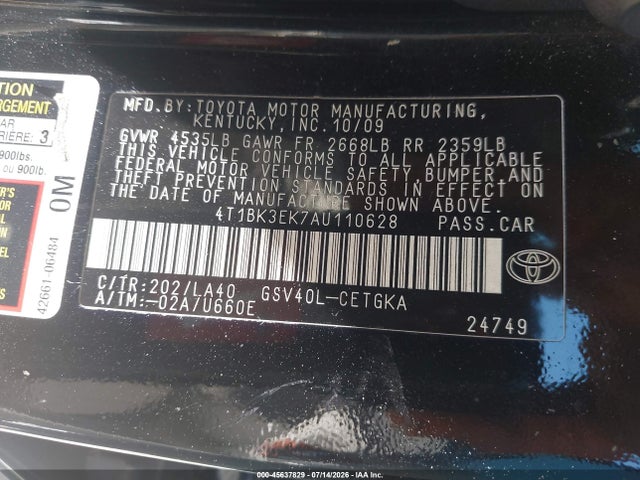 45637829 :رقم المزاد ، 4T1BK3EK7AU110628 vin ، 2010 Toyota Camry Xle V6 مزاد بيع