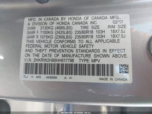Продаж на аукціоні авто 2017 Honda Cr-v Ex-l/ex-l Navi, vin: 2HKRW2H86HH617798, номер лоту: 45637830