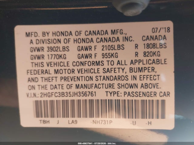 2HGFC3B35JH356761 Honda Civic Ex-t