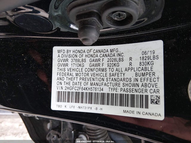 45637850 :رقم المزاد ، 2HGFC2F64KH576134 vin ، 2019 Honda Civic Lx مزاد بيع