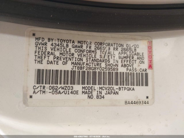 45637868 :رقم المزاد ، JT8BF28G8Y0259589 vin ، 2000 Lexus Es 300 مزاد بيع