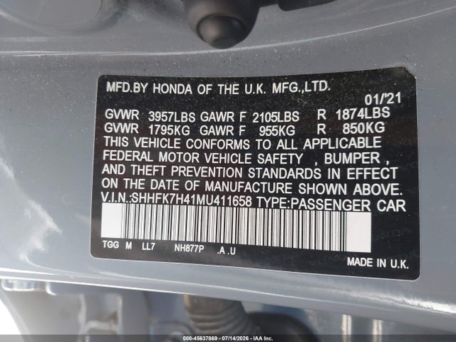 SHHFK7H41MU411658 Honda Civic Sport