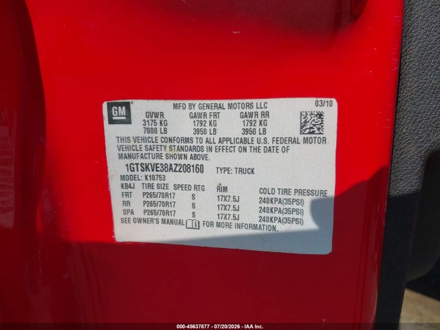 45637877 :رقم المزاد ، 1GTSKVE38AZ208160 vin ، 2010 Gmc Sierra 1500 Sle مزاد بيع
