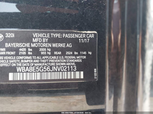 2018 Bmw 320i Xdrive მანქანა იყიდება აუქციონზე, vin: WBA8E5G56JNV02113, აუქციონის ნომერი: 45637890