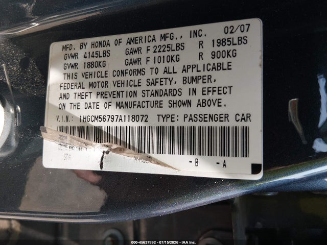 45637892 :رقم المزاد ، 1HGCM56797A118072 vin ، 2007 Honda Accord 2.4 Ex مزاد بيع