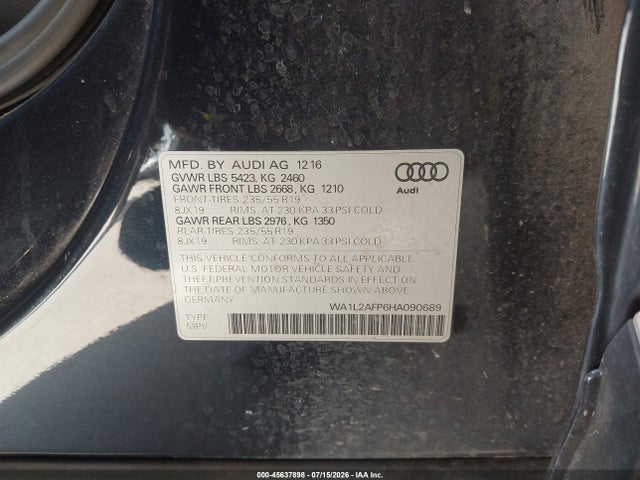 Aukcja sprzedaży 2017 Audi Q5 2.0t Premium, vin: WA1L2AFP6HA090689, numer aukcji: 45637898