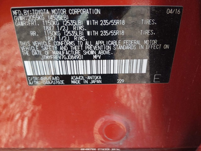 45637906 :رقم المزاد ، JTMYFREV7GJ084901 vin ، 2016 Toyota Rav4 Limited مزاد بيع