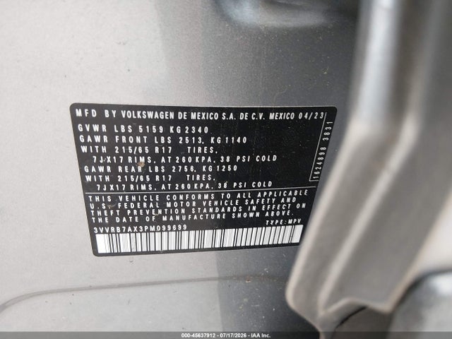 2023 Volkswagen Tiguan 2.0t S მანქანა იყიდება აუქციონზე, vin: 3VVRB7AX3PM099699, აუქციონის ნომერი: 45637912