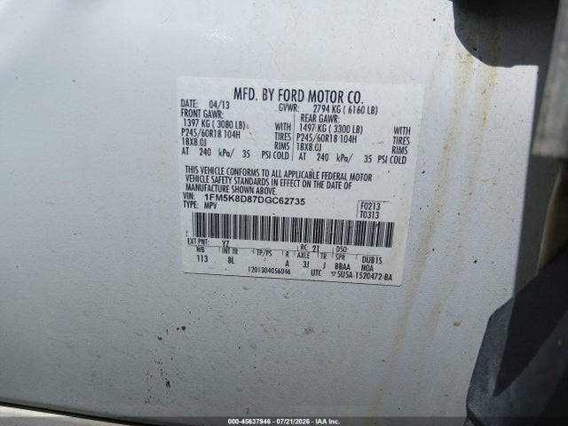 45637946 :رقم المزاد ، 1FM5K8D87DGC62735 vin ، 2013 Ford Explorer Xlt مزاد بيع