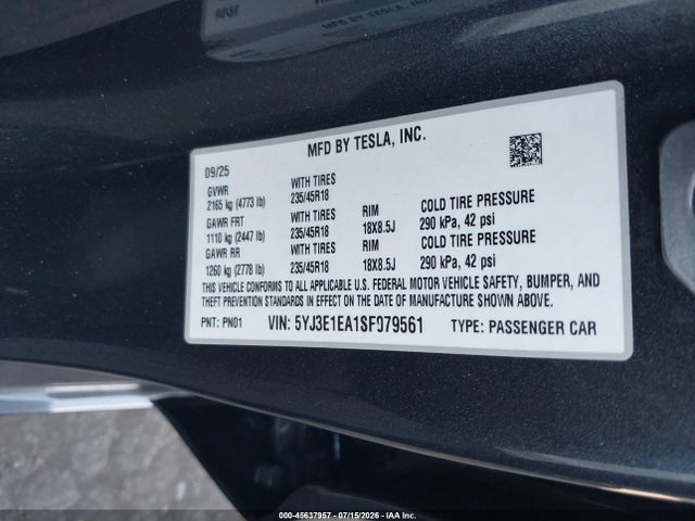 Auction sale of the 2025 Tesla Model 3 Long Range Rear-wheel Drive/standard Rear-wheel Drive, vin: 5YJ3E1EA1SF079561, lot number: 45637957