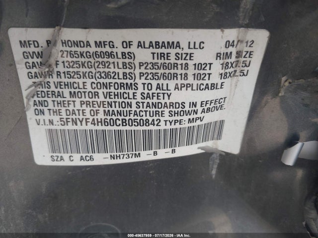 Продажа на аукционе авто 2012 Honda Pilot Ex-l, vin: 5FNYF4H60CB050842, номер лота: 45637959