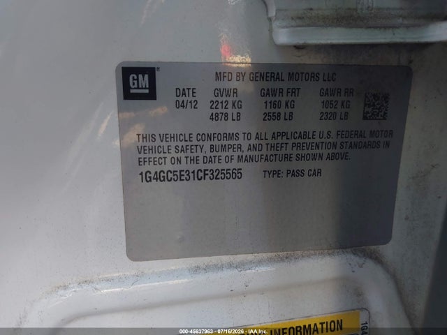 2012 Buick Lacrosse Leather Group მანქანა იყიდება აუქციონზე, vin: 1G4GC5E31CF325565, აუქციონის ნომერი: 45637963