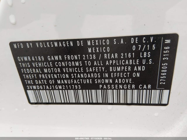 45637985 :رقم المزاد ، 3VWD67AJ1GM211793 vin ، 2016 Volkswagen Jetta 1.4t Se مزاد بيع