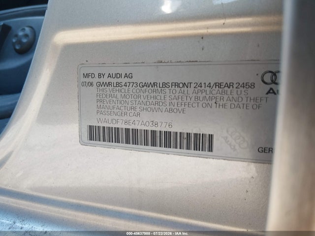 Продаж на аукціоні авто 2007 Audi A4 2.0t, vin: WAUDF78E47A038776, номер лоту: 45637988