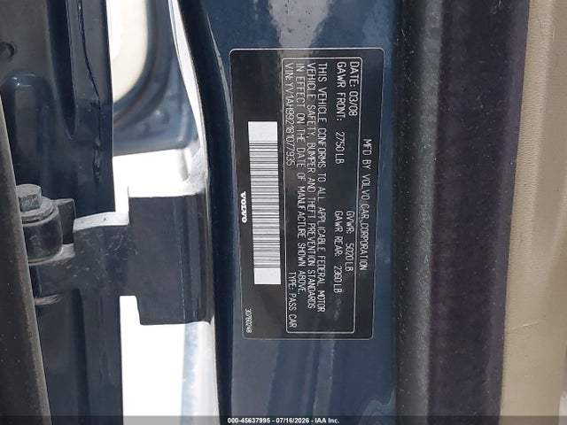 2008 Volvo S80 3.0l Turbo მანქანა იყიდება აუქციონზე, vin: YV1AH992181077935, აუქციონის ნომერი: 45637995