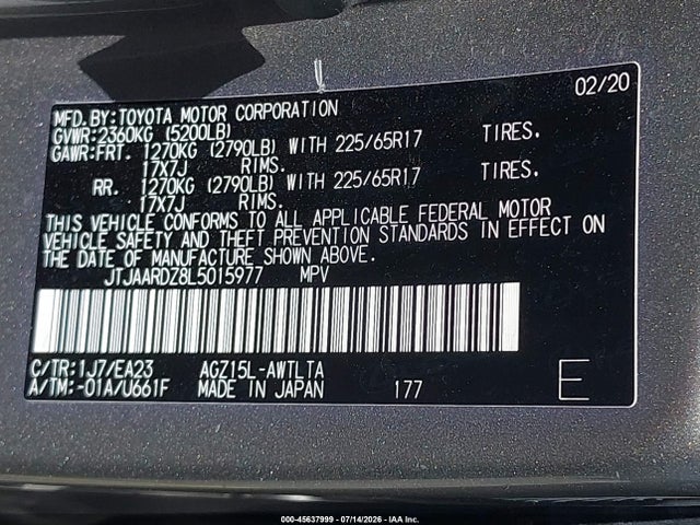 45637999 :رقم المزاد ، JTJAARDZ8L5015977 vin ، 2020 Lexus Nx 300 مزاد بيع