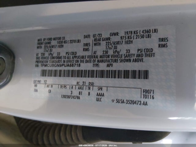 Продажа на аукционе авто 2023 Ford Escape Active, vin: 1FMCU0GN9PUA68718, номер лота: 45638038