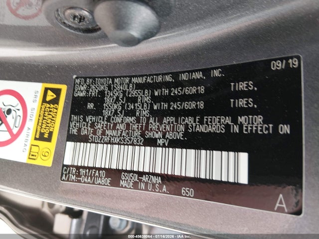 45638064 :رقم المزاد ، 5TDZZRFHXKS357832 vin ، 2019 Toyota Highlander Le Plus مزاد بيع