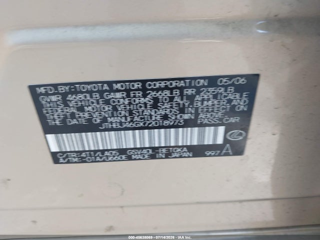 Aukcja sprzedaży 2007 Lexus Es 350, vin: JTHBJ46GX72018973, numer aukcji: 45638069
