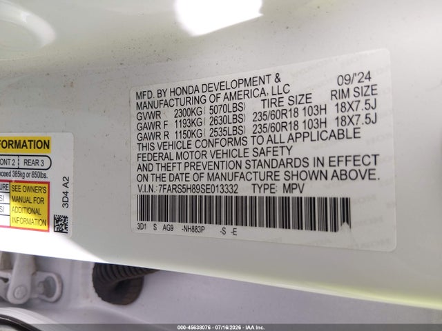 Aukcja sprzedaży 2025 Honda Cr-v Hybrid Sport-l, vin: 7FARS5H89SE013332, numer aukcji: 45638076