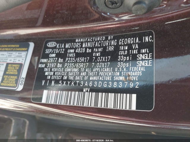 2013 Kia Sorento Lx მანქანა იყიდება აუქციონზე, vin: 5XYKT3A63DG383792, აუქციონის ნომერი: 45638078