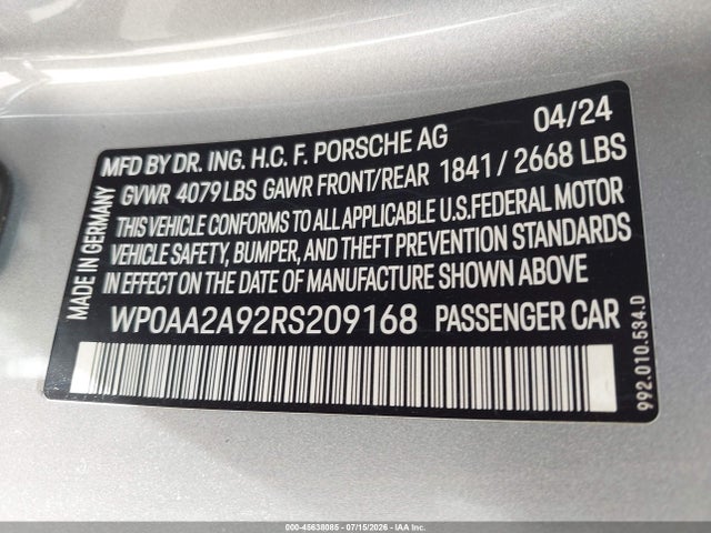 Продаж на аукціоні авто 2024 Porsche 911 Carrera/carrera 4/carrera T, vin: WP0AA2A92RS209168, номер лоту: 45638085