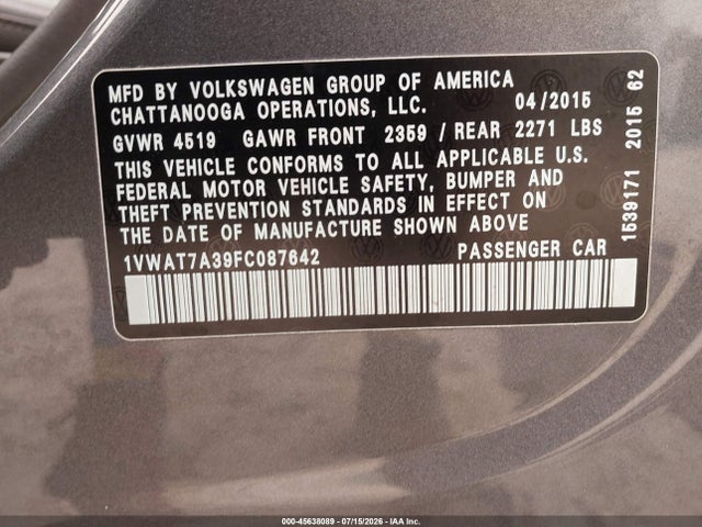 Продажа на аукционе авто 2015 Volkswagen Passat 1.8t Limited Edition, vin: 1VWAT7A39FC087642, номер лота: 45638089