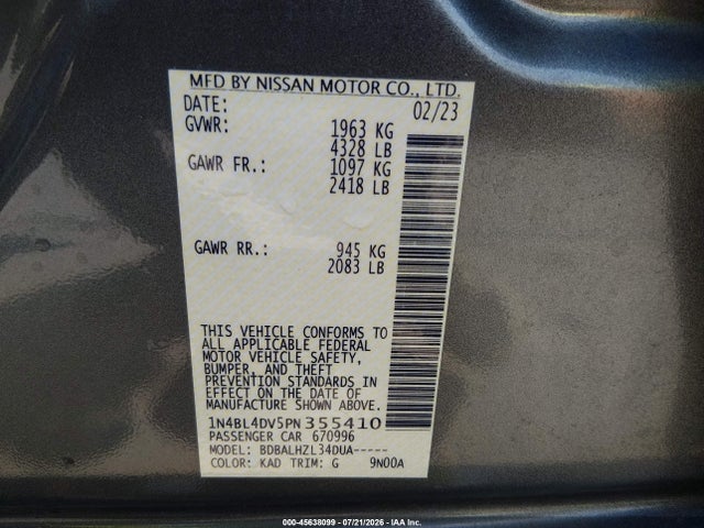 2023 Nissan Altima Sv Fwd მანქანა იყიდება აუქციონზე, vin: 1N4BL4DV5PN355410, აუქციონის ნომერი: 45638099