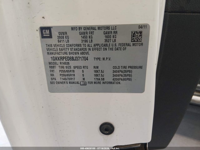 45638100 :رقم المزاد ، 1GKKRPED8BJ371704 vin ، 2011 Gmc Acadia Sle مزاد بيع