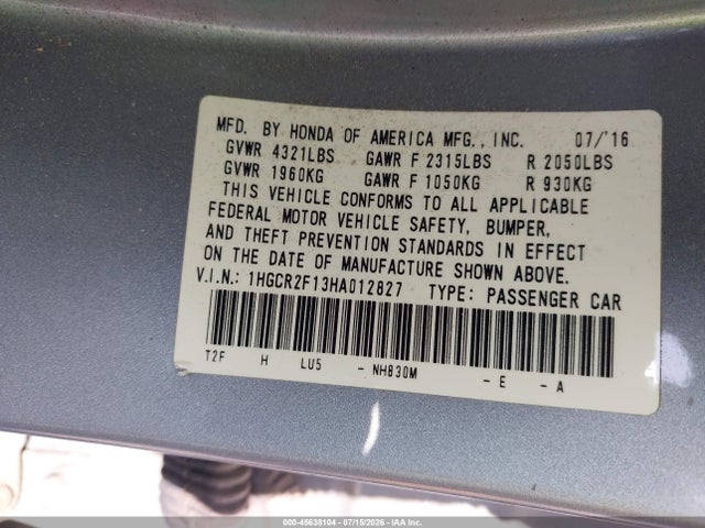 1HGCR2F13HA012827 Honda Accord Sport Se
